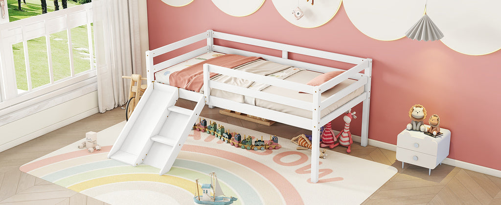 Twin Low Loft Bed Frame with Slide,  Ladder, Safety Guardrails, No Box Spring Needed,White