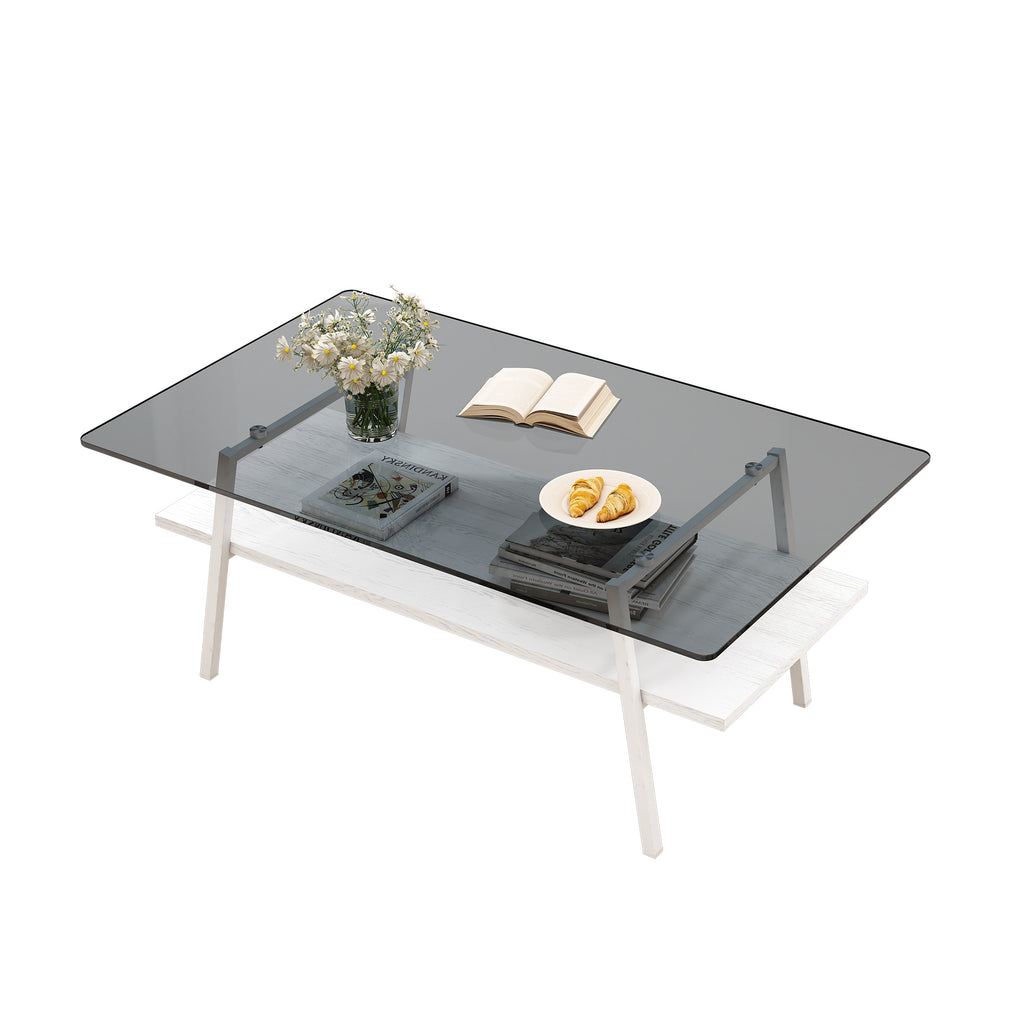 Leoglint Rectangle Coffee Table, Tempered Glass Tabletop with White Metal Legs, Modern Table for Living Room , Gray Glass