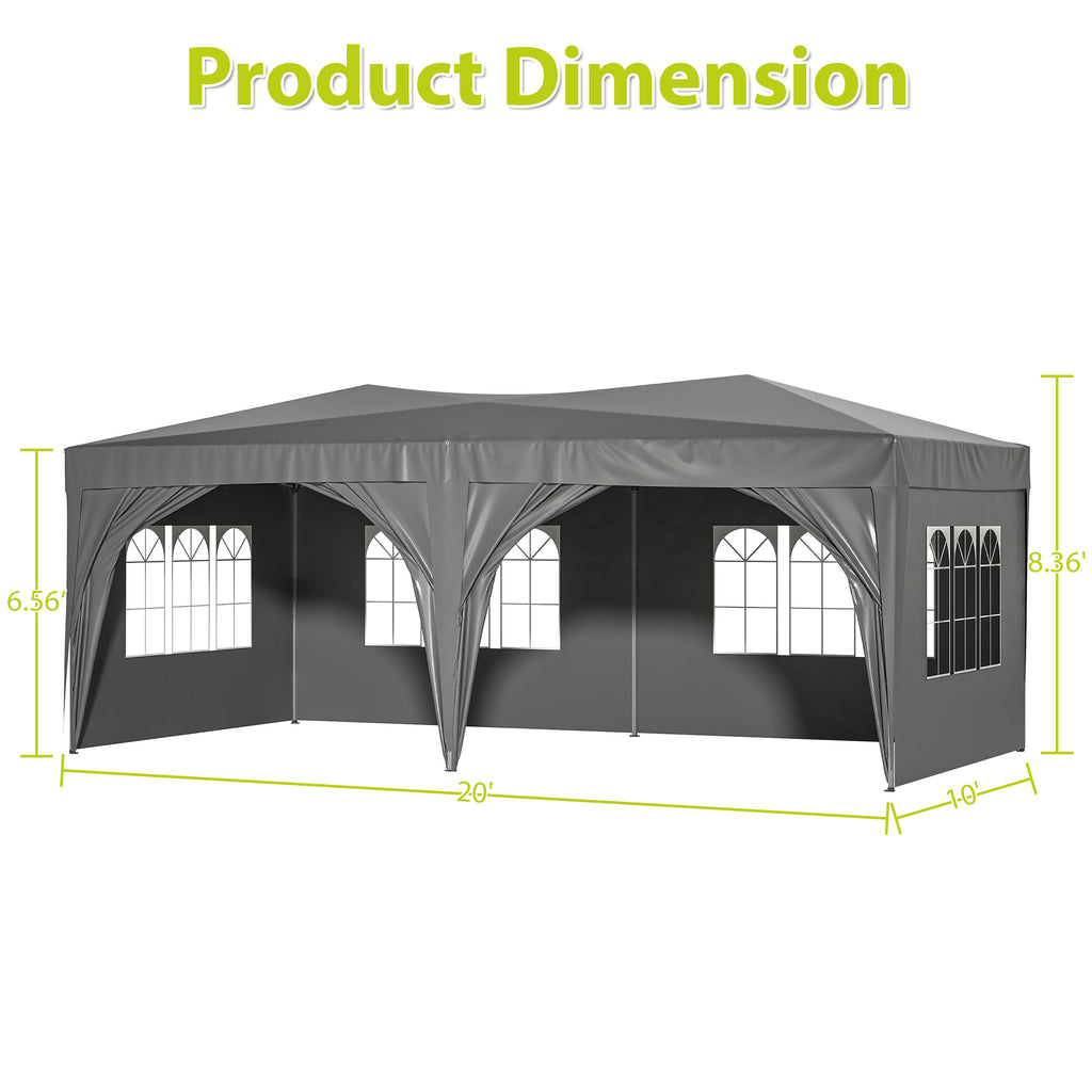 Leoglint  Outdoor Umbrella 10'x20' EZ Pop Up Canopy Outdoor Portable Party Folding Tent with 6 Removable Sidewalls + Carry Bag + 6 pcs Weight Bag Beige Grey