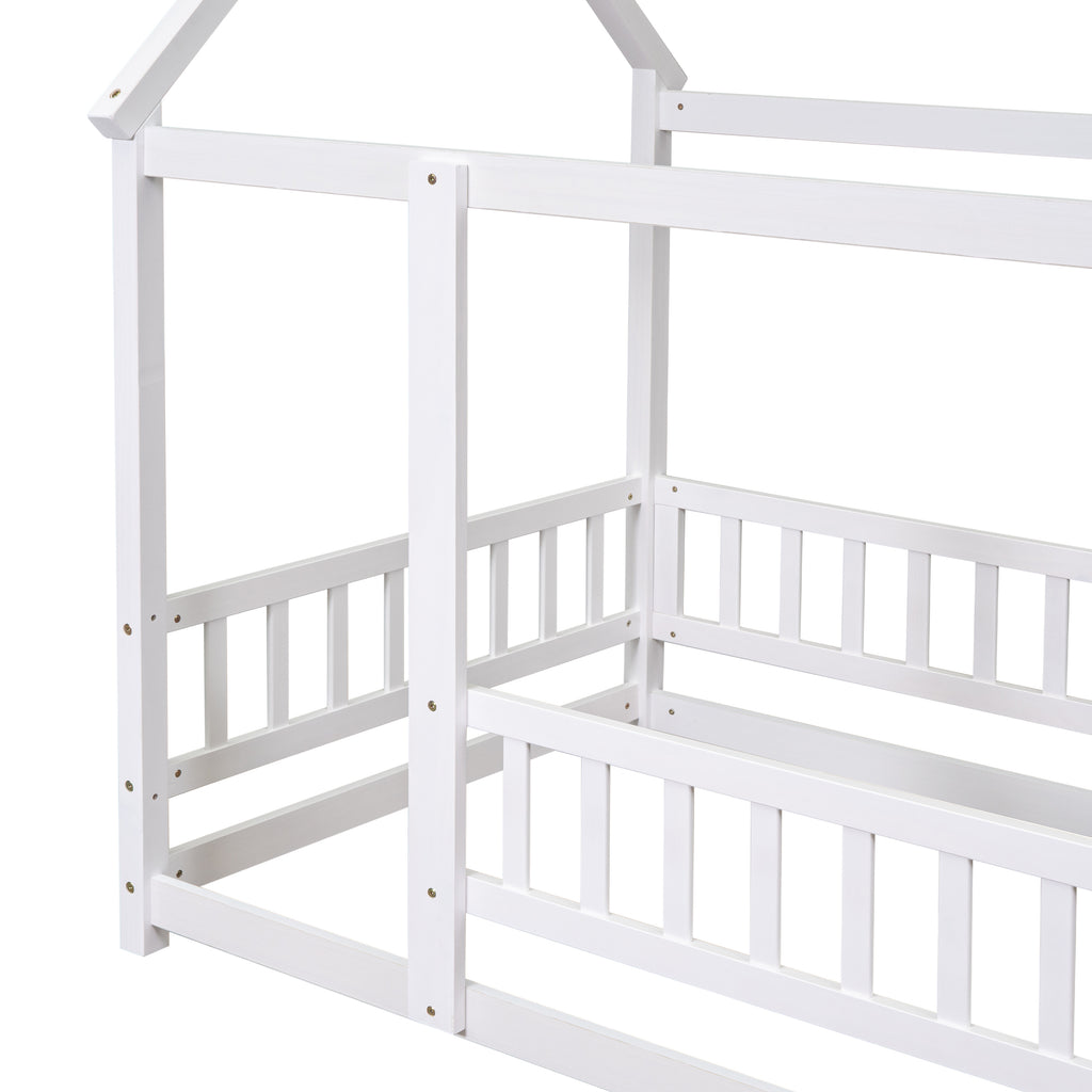 Leoglint Twin Size Floor Wooden Bed Frame with House Roof Frame, Fence Guardrails,White(Old SKU:W1791106615)