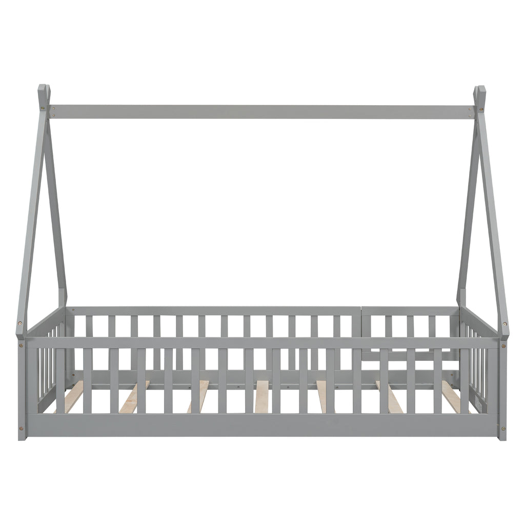 Leoglint Twin Tent-shaped Floor Bed Frame, with Guardrails, Slats, Door ,Grey