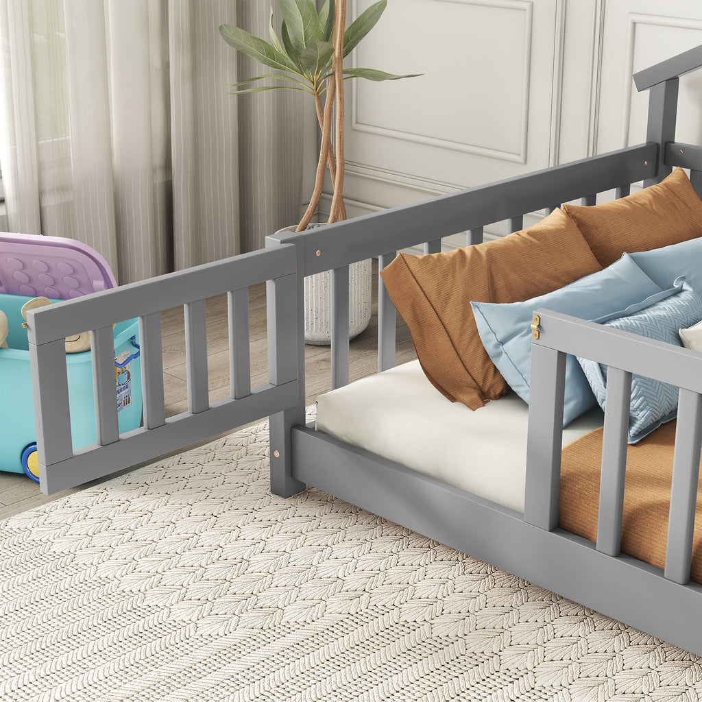 Twin House-Shaped Bedside Floor Bed Frame with Guardrails, Slats, with Door,Grey