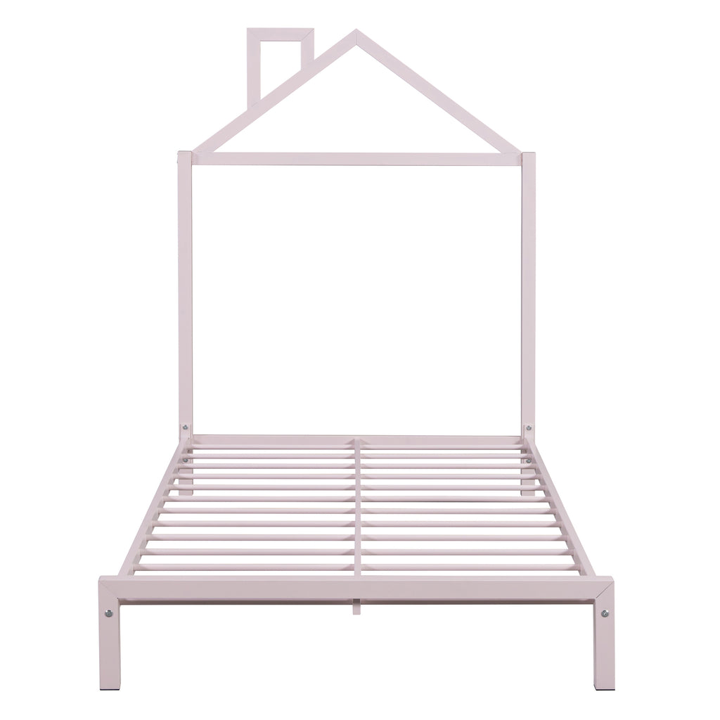 Leoglint Twin Size Metal Platform Bed Frame with House-Shaped Headboard Design, Pink