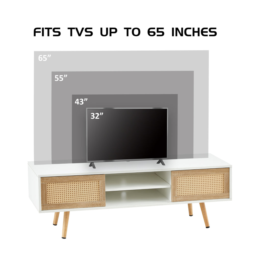 Leoglint 55.12" Rattan TV stand cabinet, double sliding doors for storage,  adjustable shelf, solid wood legs, TV console for living room , White