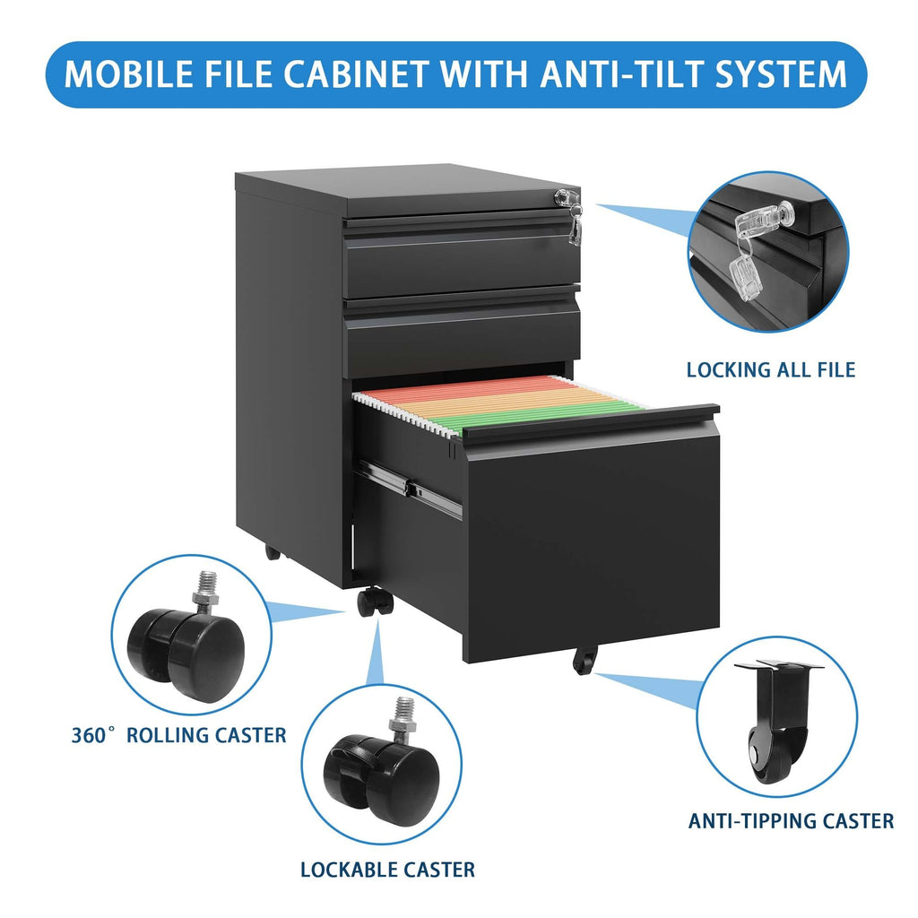 Leoglint 3 Drawer Mobile File Cabinet with Lock,Metal Filing Cabinets for Home Office Organizer Letters/Legal/A4,Fully Assembled,Black