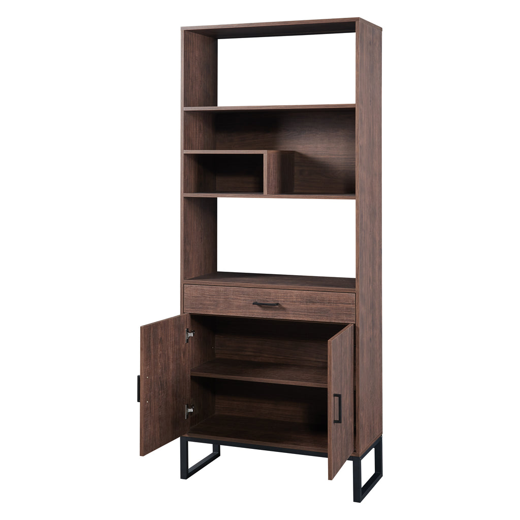 Leoglint 75.9"Modern Open Bookshelf with Doors, Bookcase with Storage drawer and LED Strip Lights,Free Standing Display Rack,Wooden Tall Bookshelf for Living Room and Office, Walnut