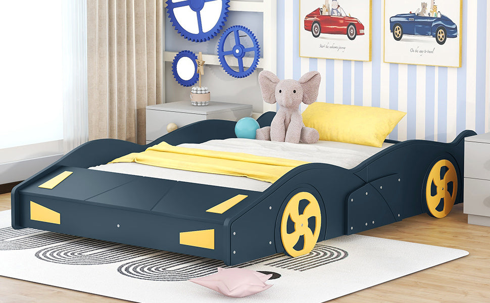 Leoglint Bed Frame Full Size Race Car-Shaped Platform Bed with Wheels and Storage, Dark Blue+Yellow