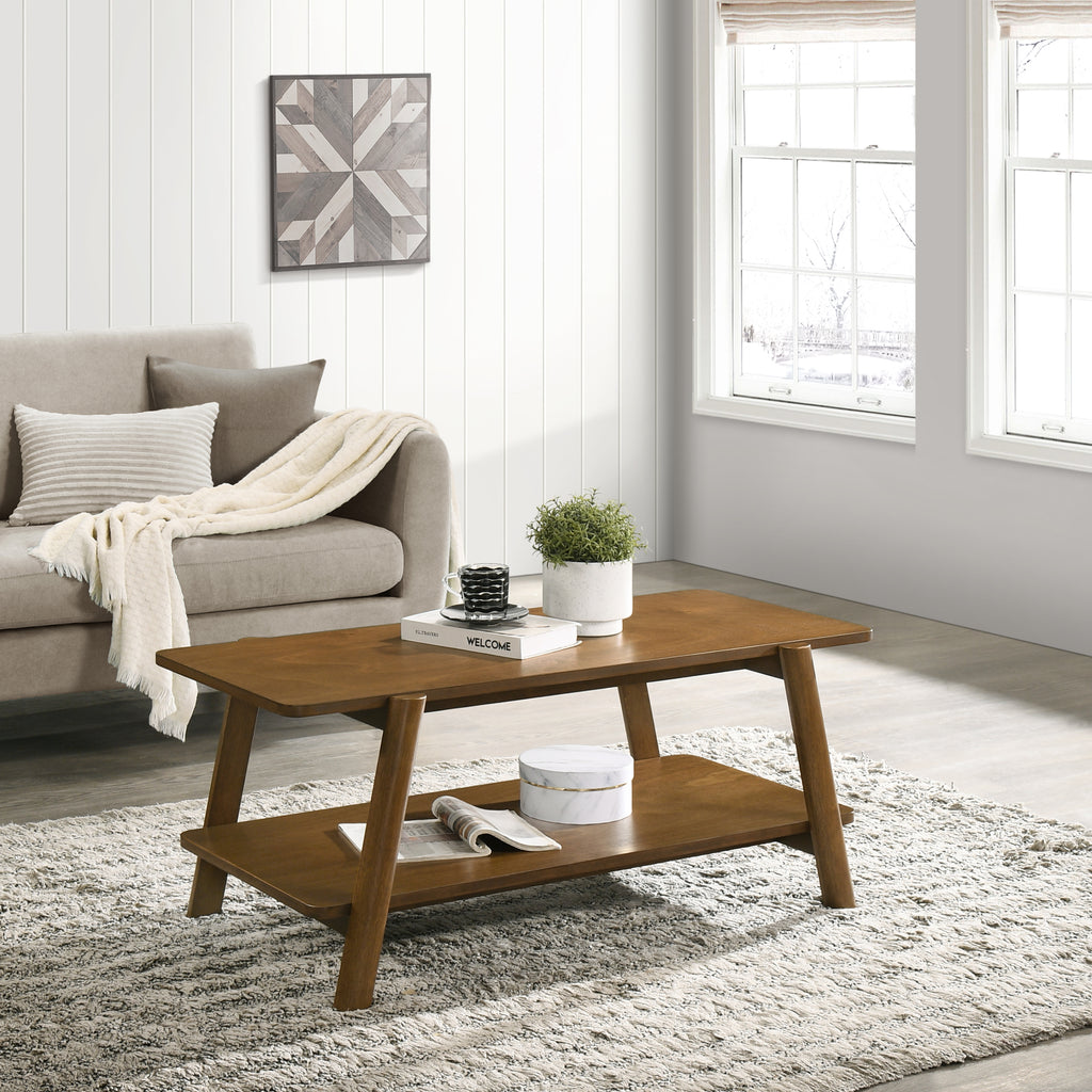 Leoglint Metz Mid-Century Modern Wood Shelf Coffee Table, Walnut Finish