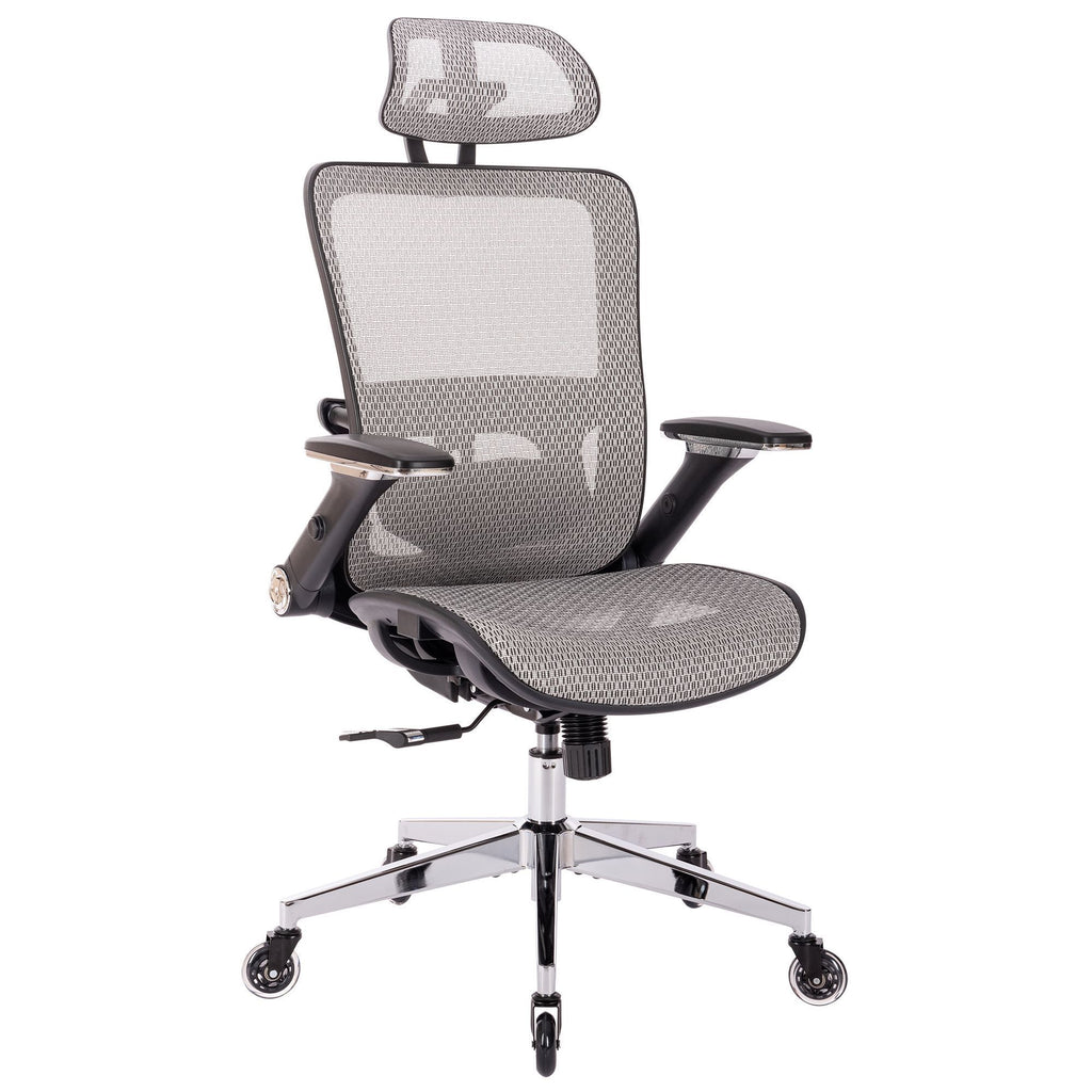 Leoglint GREY Ergonomic Mesh Office Chair, High Back - Adjustable Headrest with Flip-Up Arms, Tilt and lock Function, Lumbar Support and blade Wheels, KD chrome metal legs