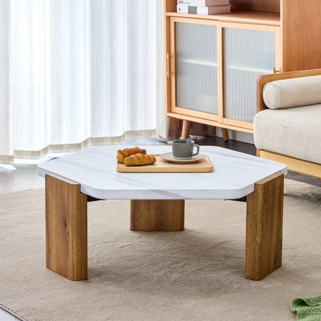 Leoglint Modern practical MDF coffee table with white tabletop and wooden toned legs. Suitable for living rooms and guest rooms.