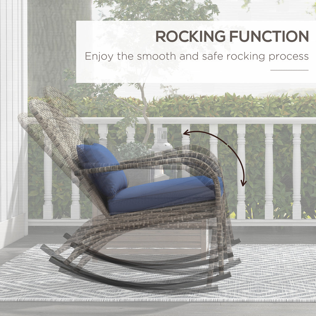 Leoglint Wicker Adirondack Rocking Outdoor Chair, Patio Rattan Rocker Chair with High Back, Seat Cushion, and Pillow for Garden, Porch, Balcony, Dark Blue