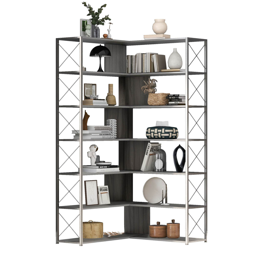 Leoglint Silver+Grey 7-Tier Bookcase Home Office Bookshelf,  L-Shaped Corner Bookcase with Metal Frame, Industrial Style Shelf with Open Storage, MDF Board