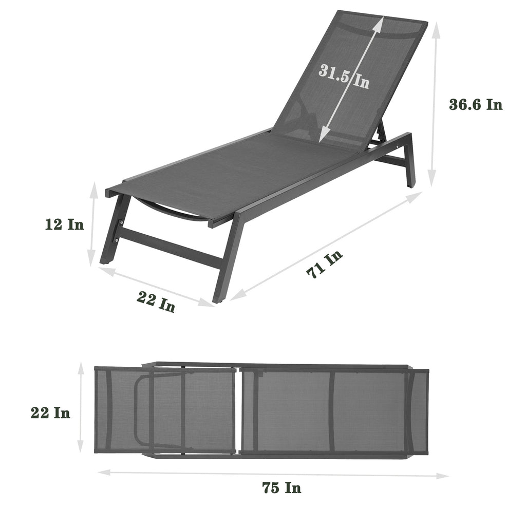 Leoglint Chaise Lounge Outdoor Chair,Five-Position Adjustable Aluminum Recliner,All Weather For Patio,Beach,Yard, Pool(Grey Frame/Dark Grey Fabric)