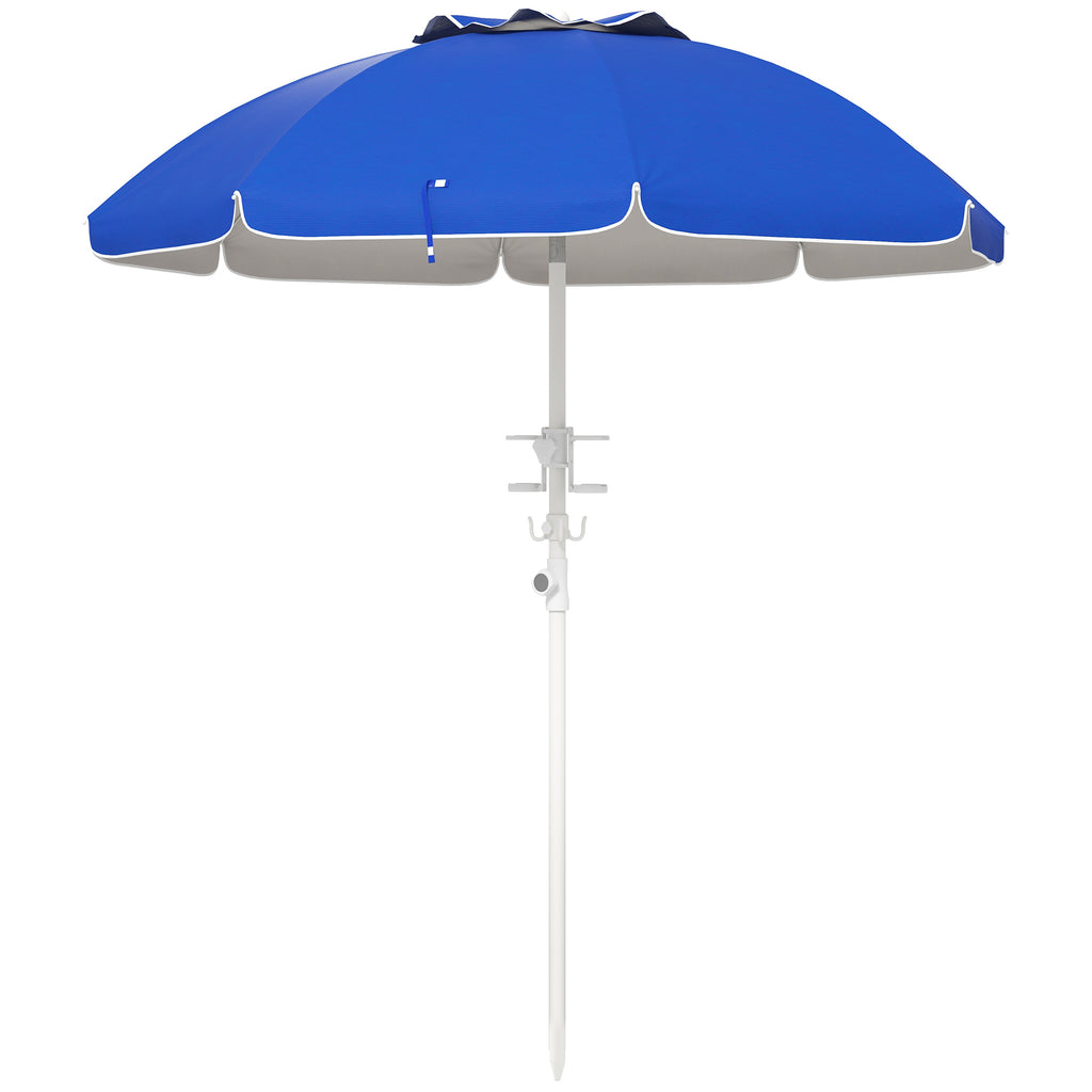 Leoglint 5.7' Portable Beach Umbrella with Tilt, Adjustable Height, 2 Cup Holders & Hooks, UV 40+ Ruffled Outdoor Umbrella with Vented Canopy, Blue