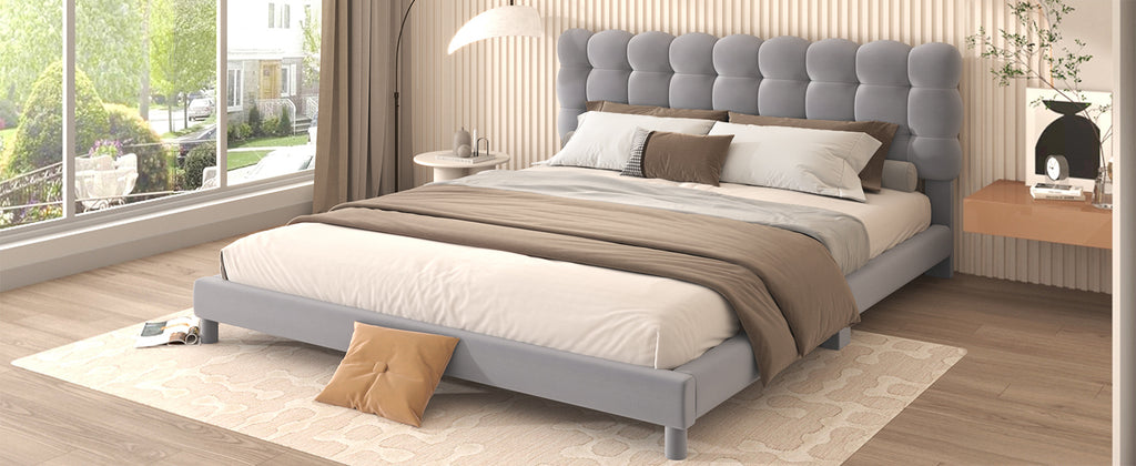 Queen Size Upholstered Platform Bed Frame with Soft Headboard,Gray