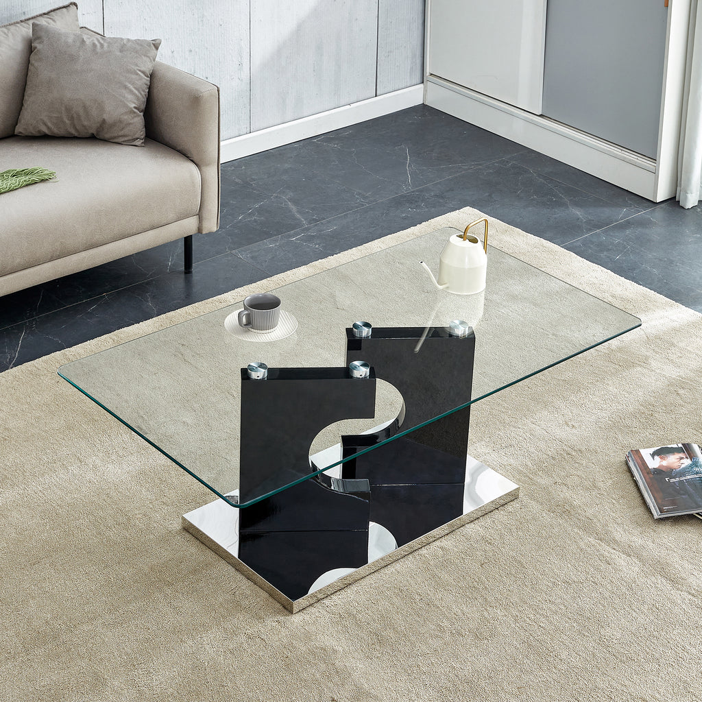 Leoglint A rectangular modern and fashionable coffee table with tempered glass tabletop and black MDF legs. Suitable for living room.47.2"*25.5"*18"