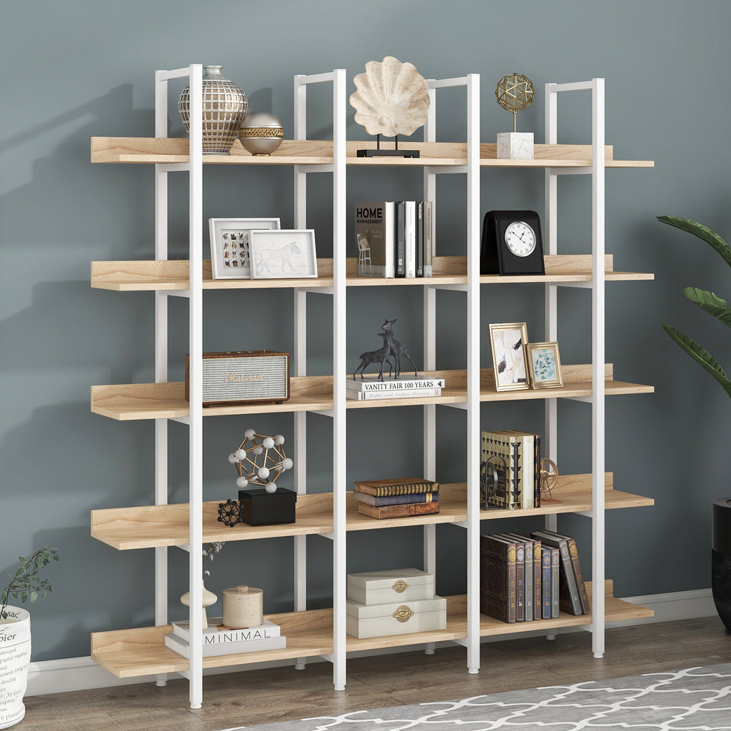 Leoglint 5 Tier Bookcase Home Office Open Bookshelf, Vintage Industrial Style Shelf, MDF Board, White Metal Frame, Oak