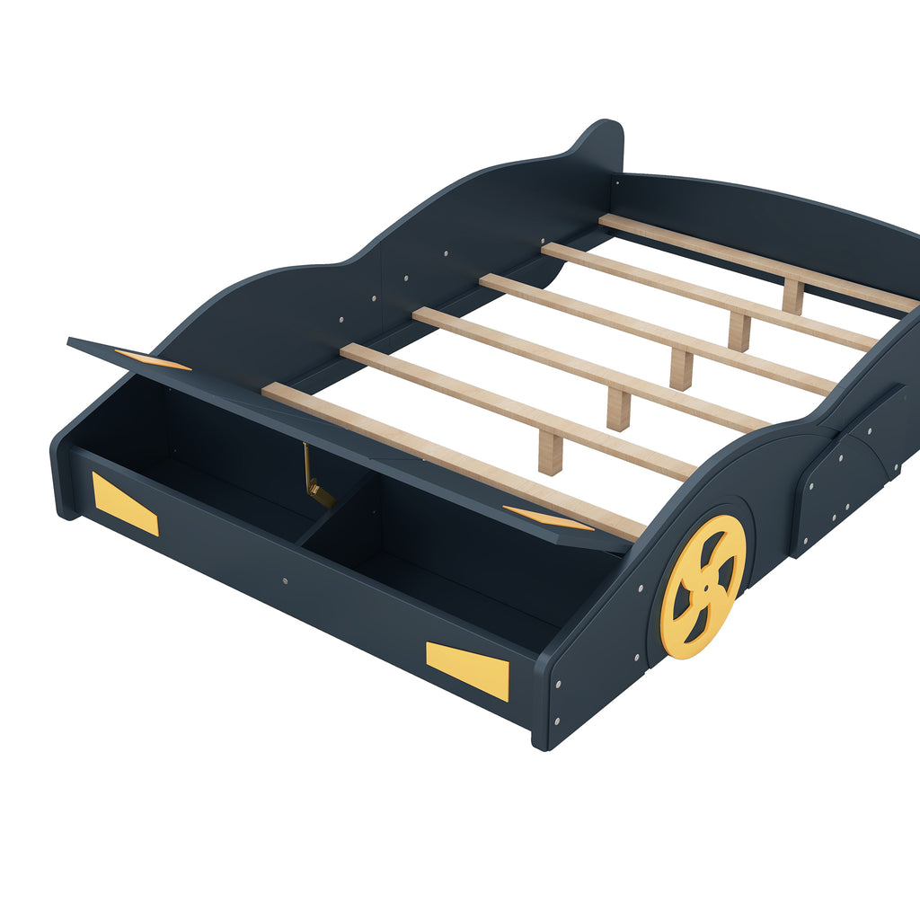 Leoglint Bed Frame Full Size Race Car-Shaped Platform Bed with Wheels and Storage, Dark Blue+Yellow