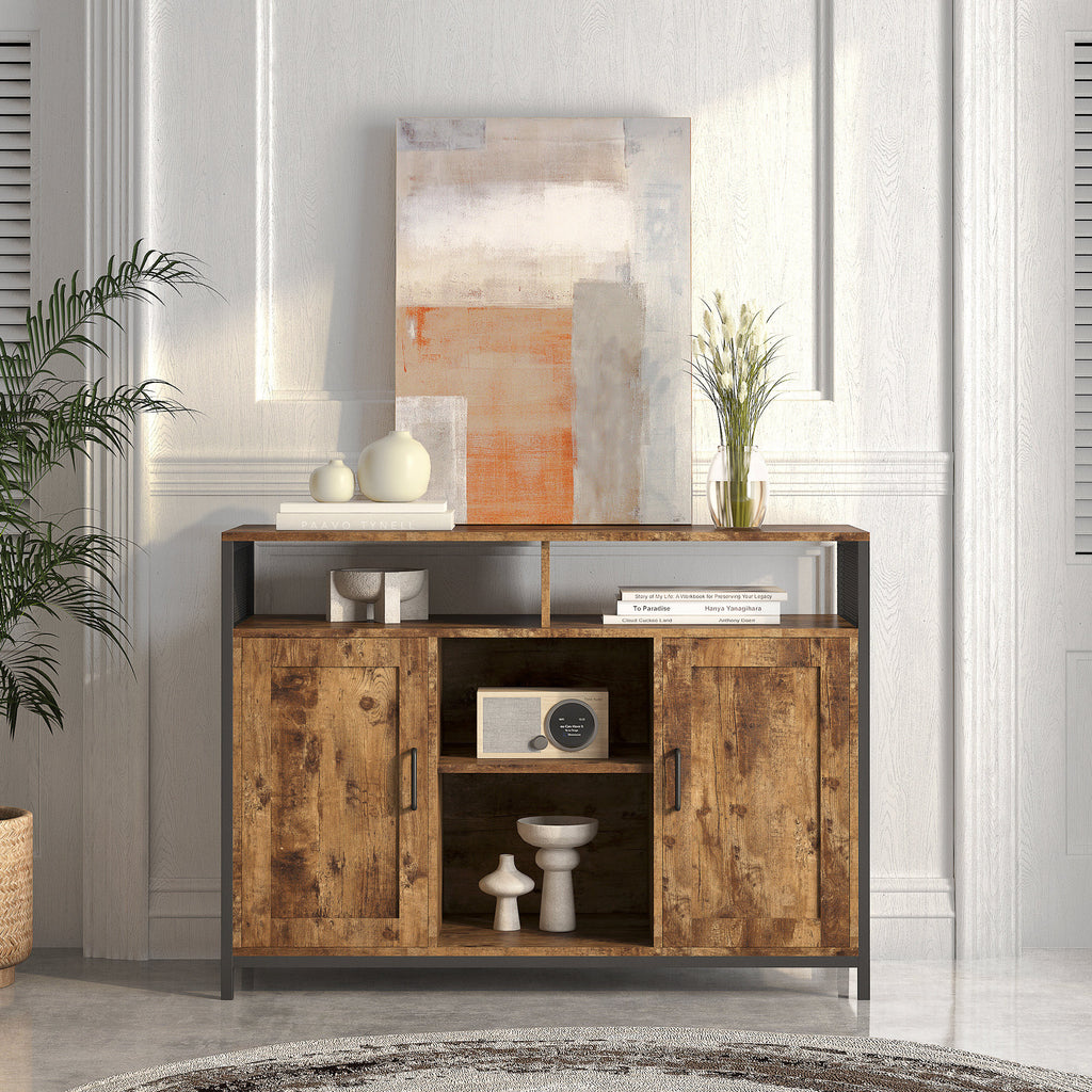 Leoglint Sideboard, storage cabinet with open shelves for kitchen dining room living room, industrial style, Rustic Brown, 43.7x15.74x31.5Inches