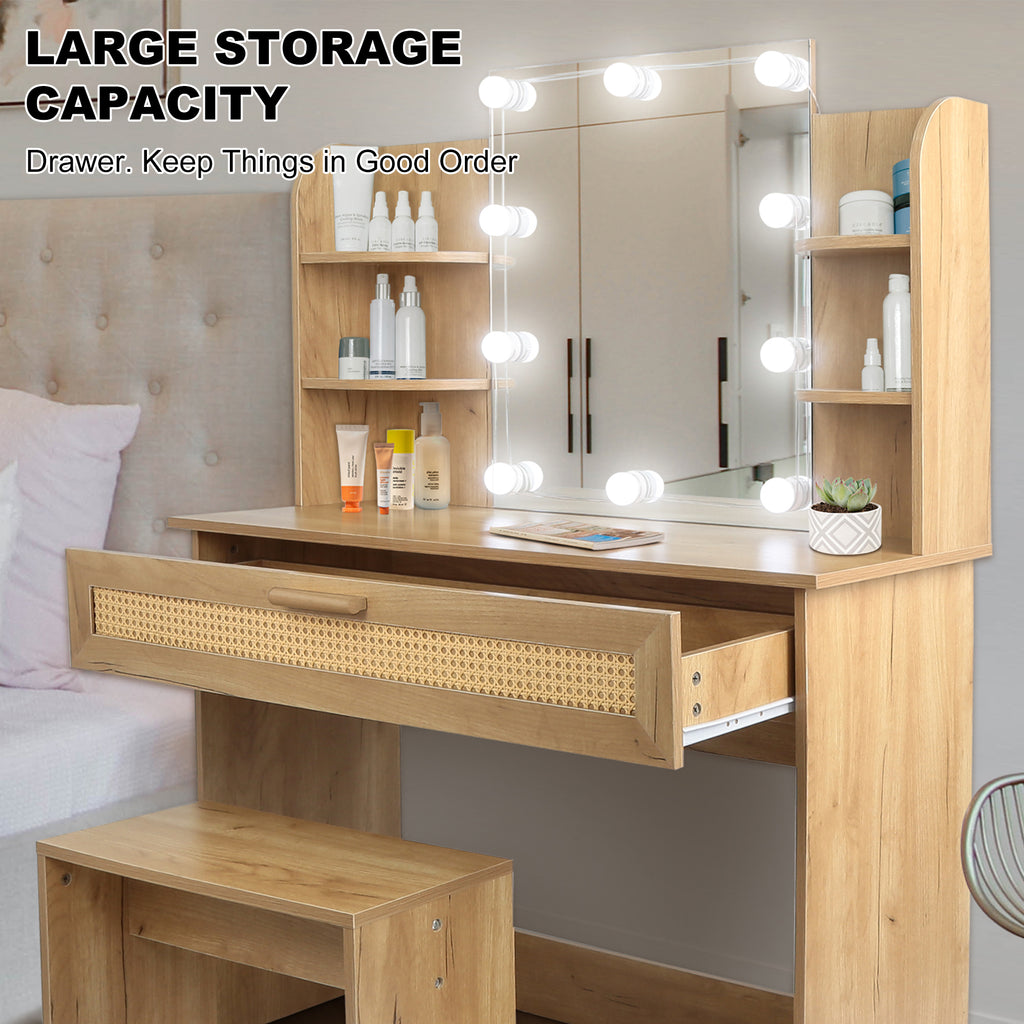 Leoglint Drawer Chest Vanity Desk Set Stool & Dressing Table with LED Lighting Mirror Drawer and Compartments Modern Wood Cosmetic Table Chest of Drawers Nature Color