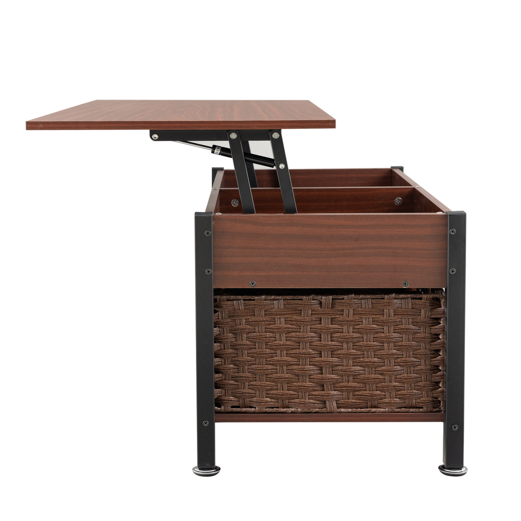 Leoglint Metal coffee table,desk,with a lifting table,and hidden storage space.There were two removable wicker baskets that could be placed in any space such as the living room,color:brownwith solid wood grain