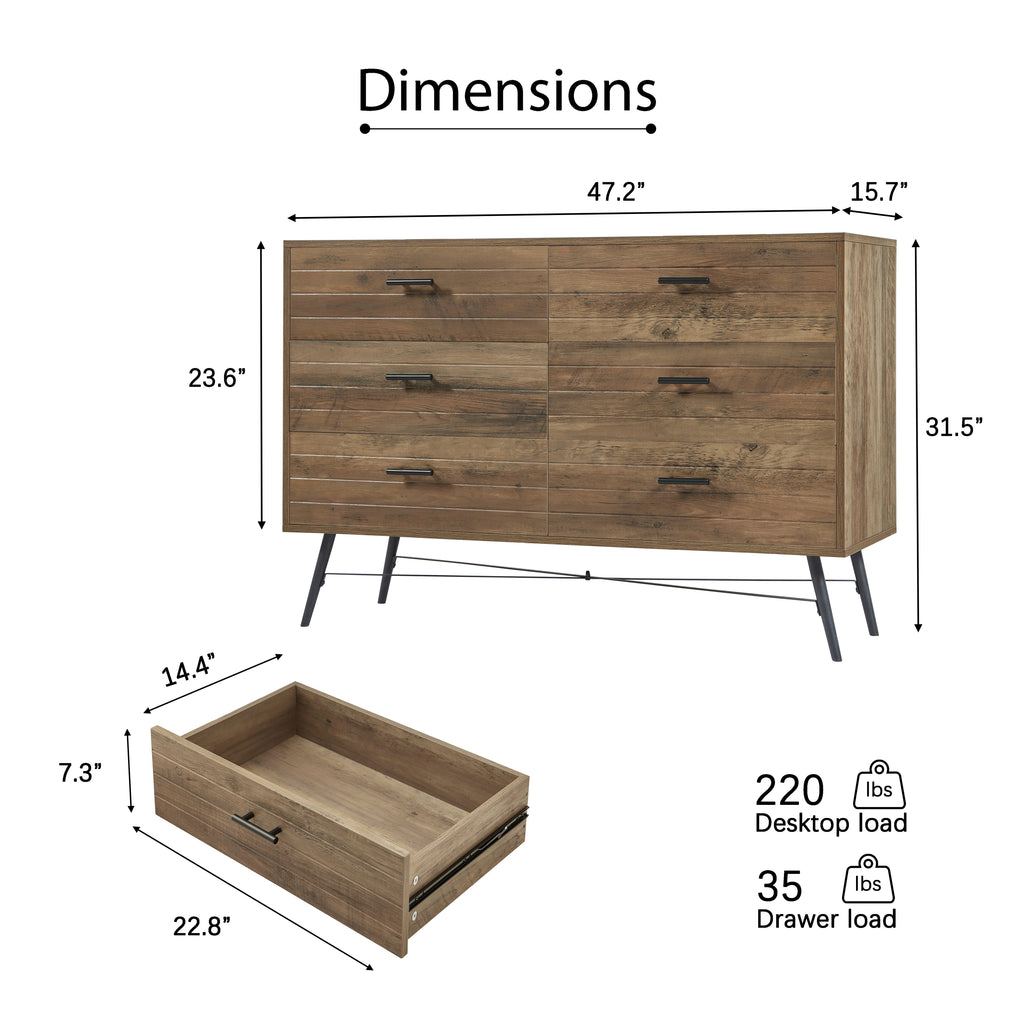 Leoglint 6-Drawer Chest, 6 Drawer Dresser TV Stand for TV, Dressers Bedroom Furniture Large Storage Tower Unit, Dresser for Bedroom, Closet, Hallway, 47.2"W x 15.7"D x 31.5"H, Rustic Walnut