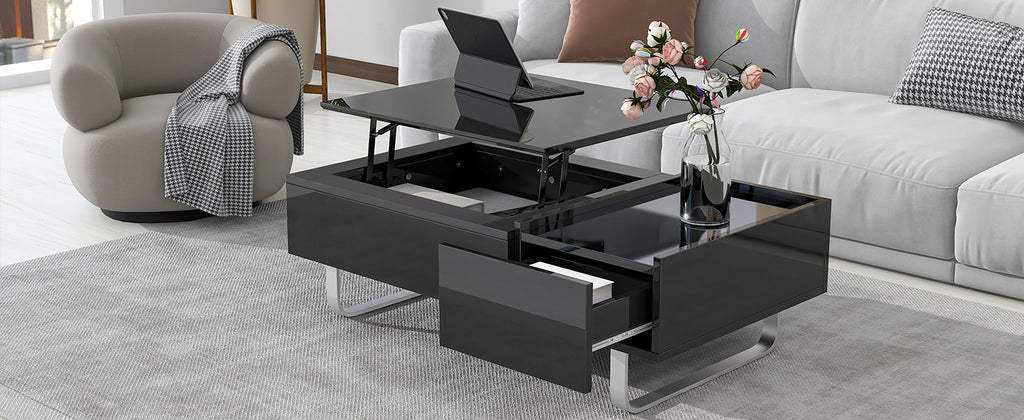 Leoglint [VIDEO provided] ON-TREND Multi-functional Coffee Table with Lifted Tabletop, Contemporary Cocktail Table with Metal Frame Legs, High-gloss Surface Dining Table for Living Room, Black