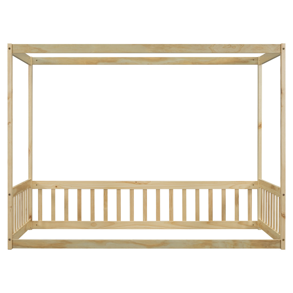 Leoglint Twin Size Canopy Frame Floor Bed Frame with Fence, Guardrails,Natural