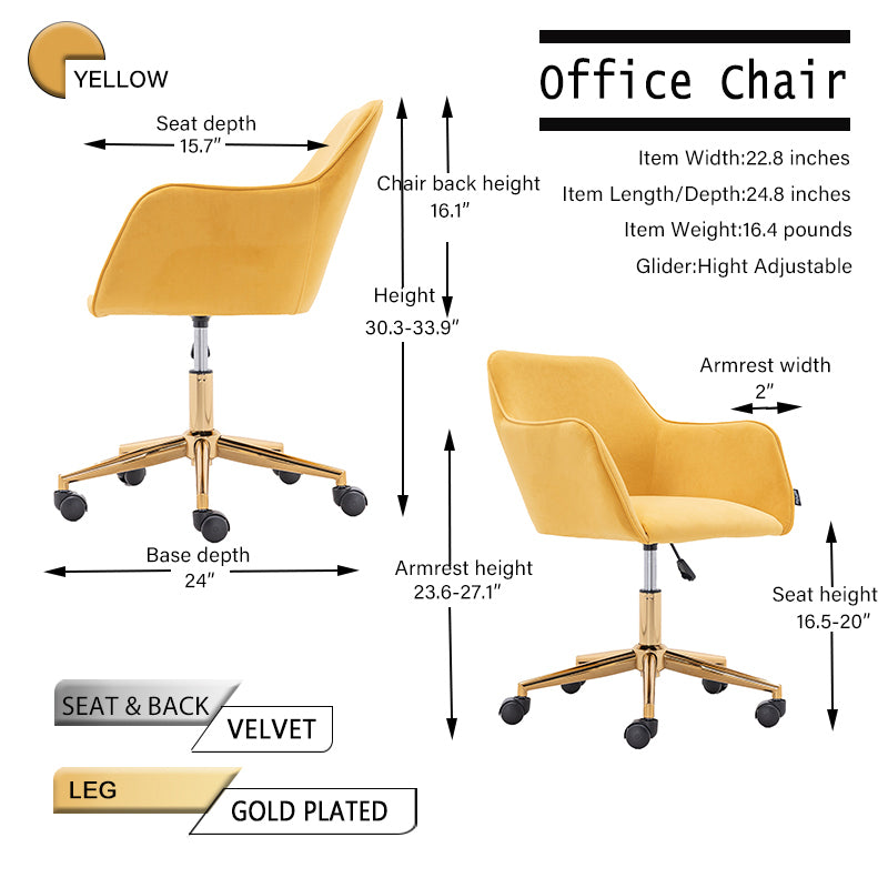 Leoglint Modern Velvet Fabric Material Adjustable Height 360 Revolving Home Office Chair With Gold Metal Legs And Universal Wheels For Indoor,Yellow