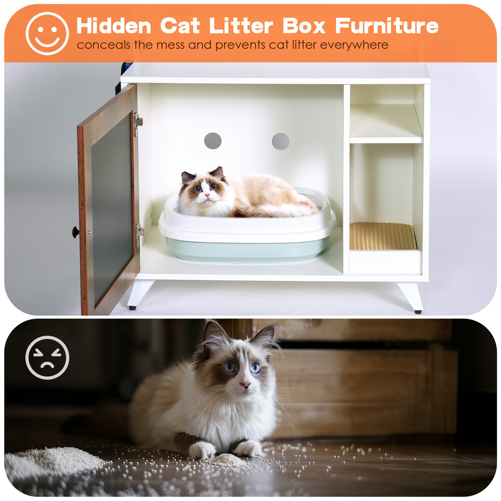 Leoglint Graffiti the litter box Enclosure with 2 Storage Shelves and 1 Doors, Hidden Cat Litter Box Enclosure Furniture with Shelf, Indoor Cat House Furniture for Most of Litter Box,White