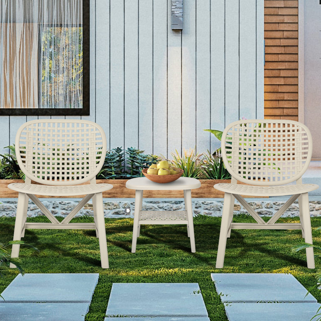 Leoglint 3 Pieces Hollow Design Retro Patio Table Outdoor Chair Set All Weather Conversation Bistro Set Outdoor Table with Open Shelf and Lounge Chairs with Widened Seat for Balcony Garden Yard White