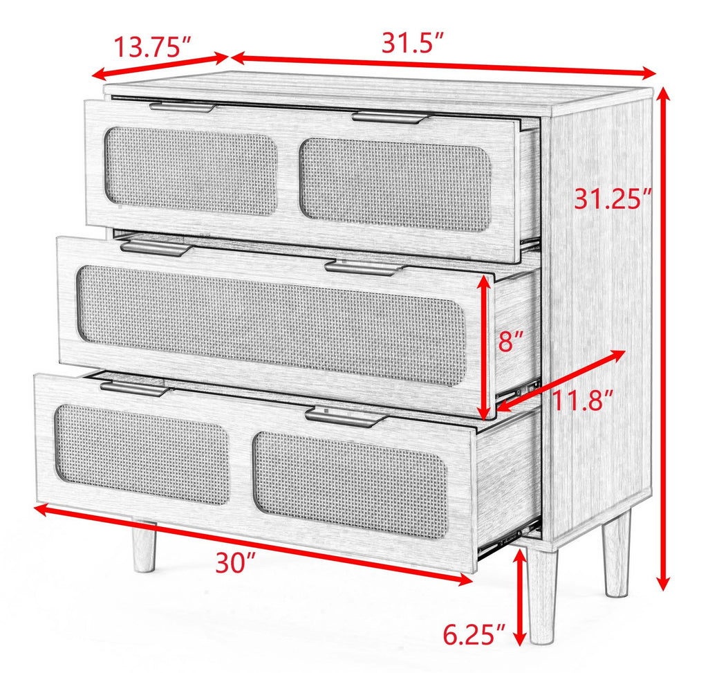 Leoglint 3 drawer dresser,Drawer Chest, modern rattan dresser cabinet with wide drawers and metal handles, farmhouse wooden storage chest of drawers for room, living room, hallway, entrance, office