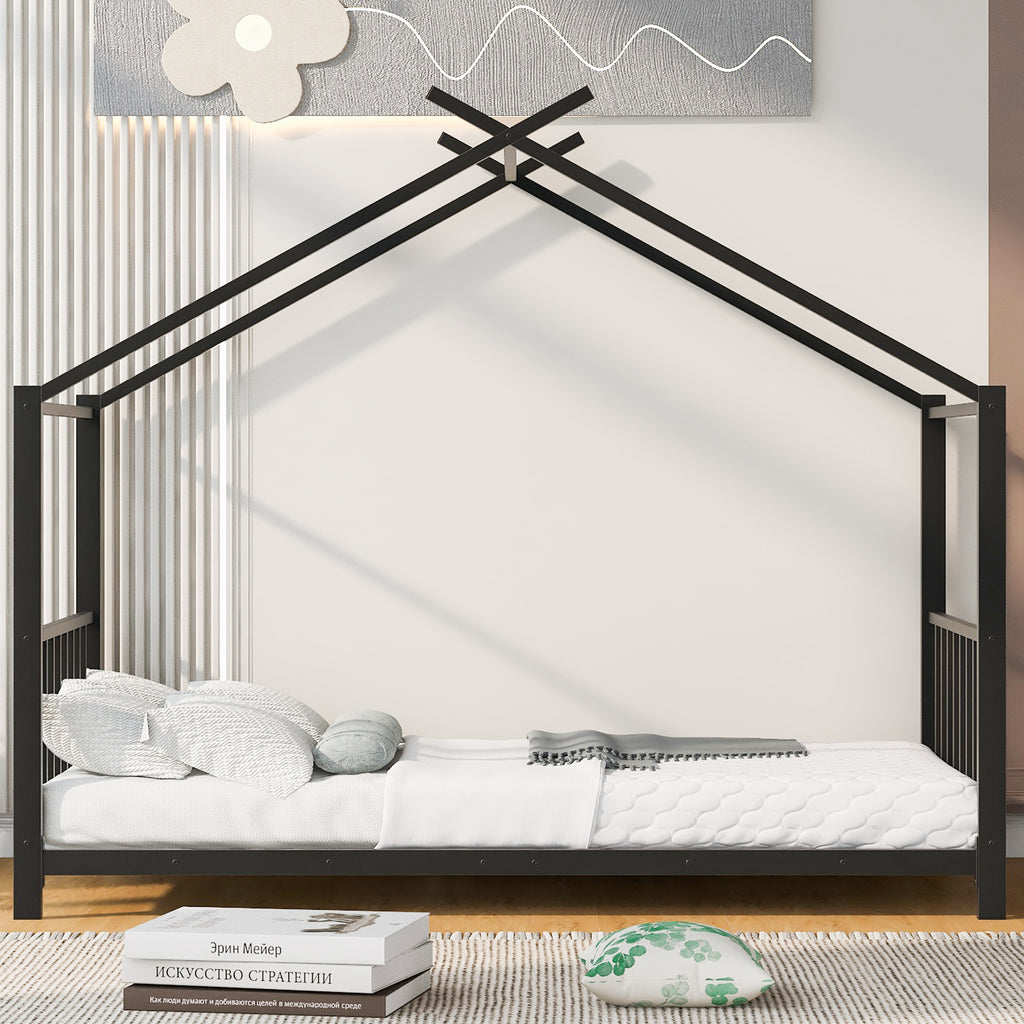 Leoglint Twin Size Metal House Platform Bed Frame, Black