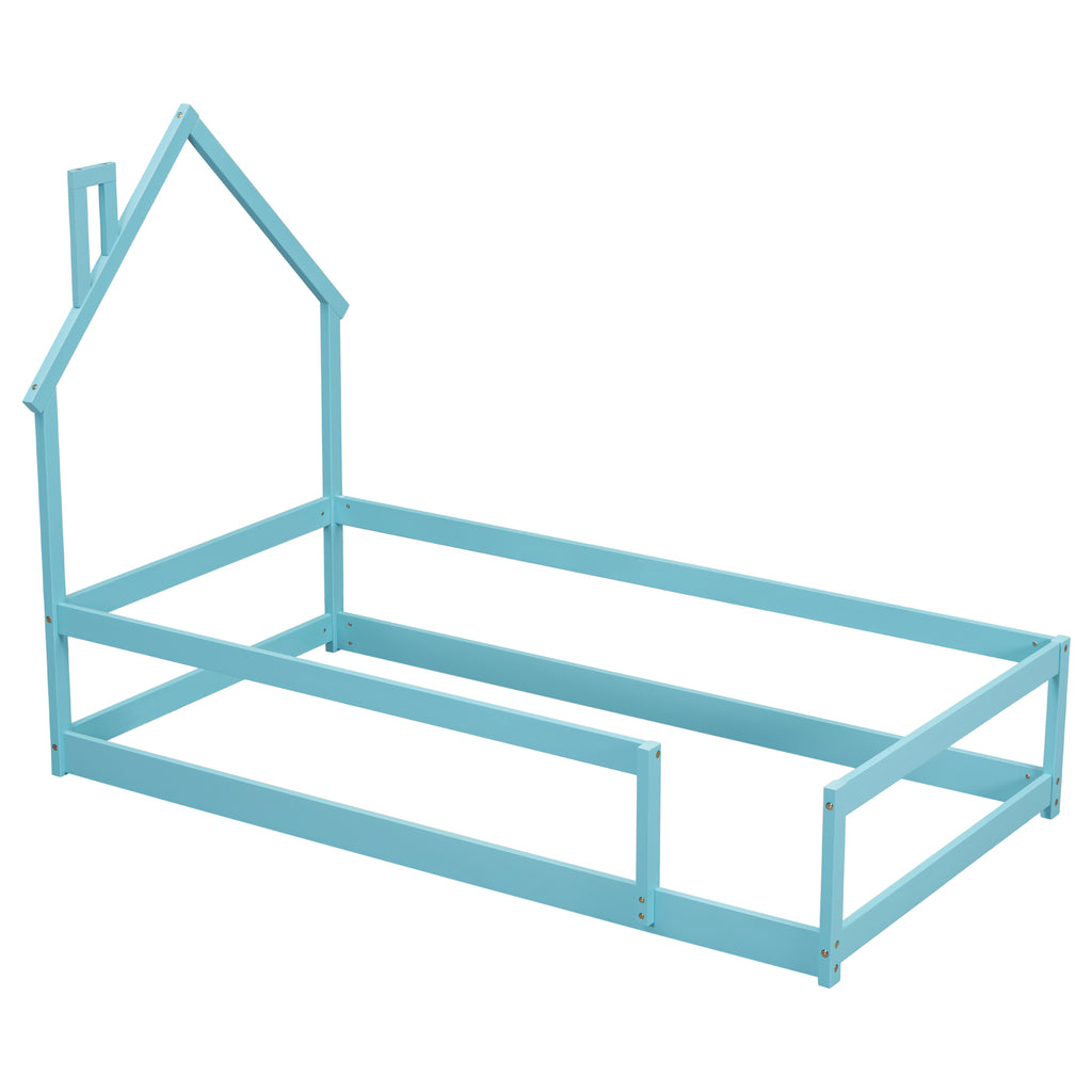 Leoglint Twin Size Wood bed Frame with House-shaped Headboard Floor bed with Fences,Light Blue