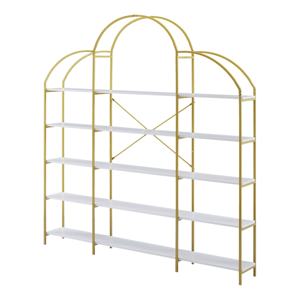 Leoglint 74.8 Inch 5 Tiers Office Bookcase Bookshelf, Display Shelf with Round Top, X Bar Gold Frame