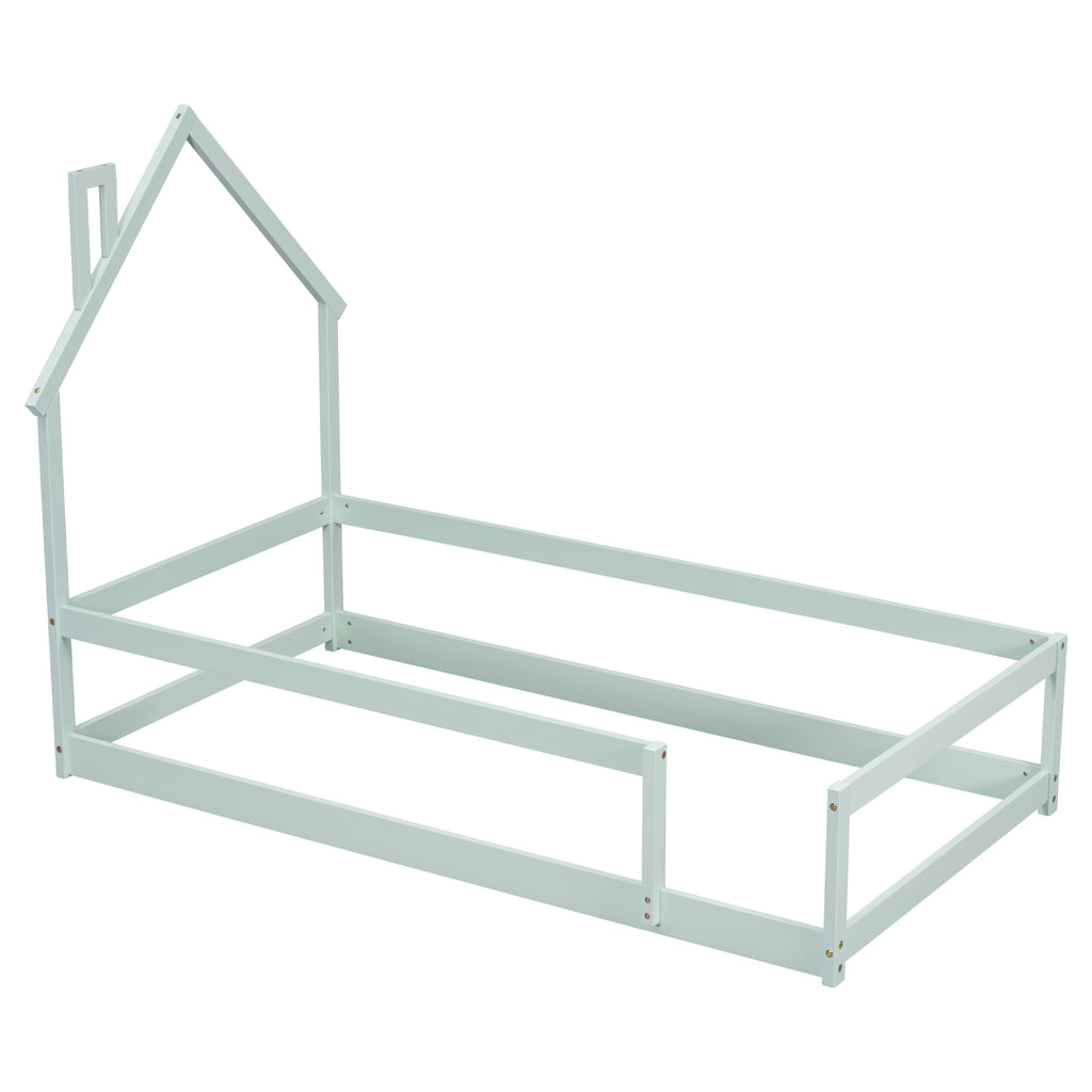 Leoglint Twin Size Wood bed frame with House-shaped Headboard Floor bed with Fences,Light Green