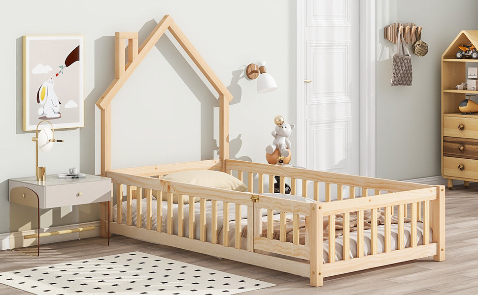 Twin House-Shaped Headboard Floor Bed Frame with Fence,Natural