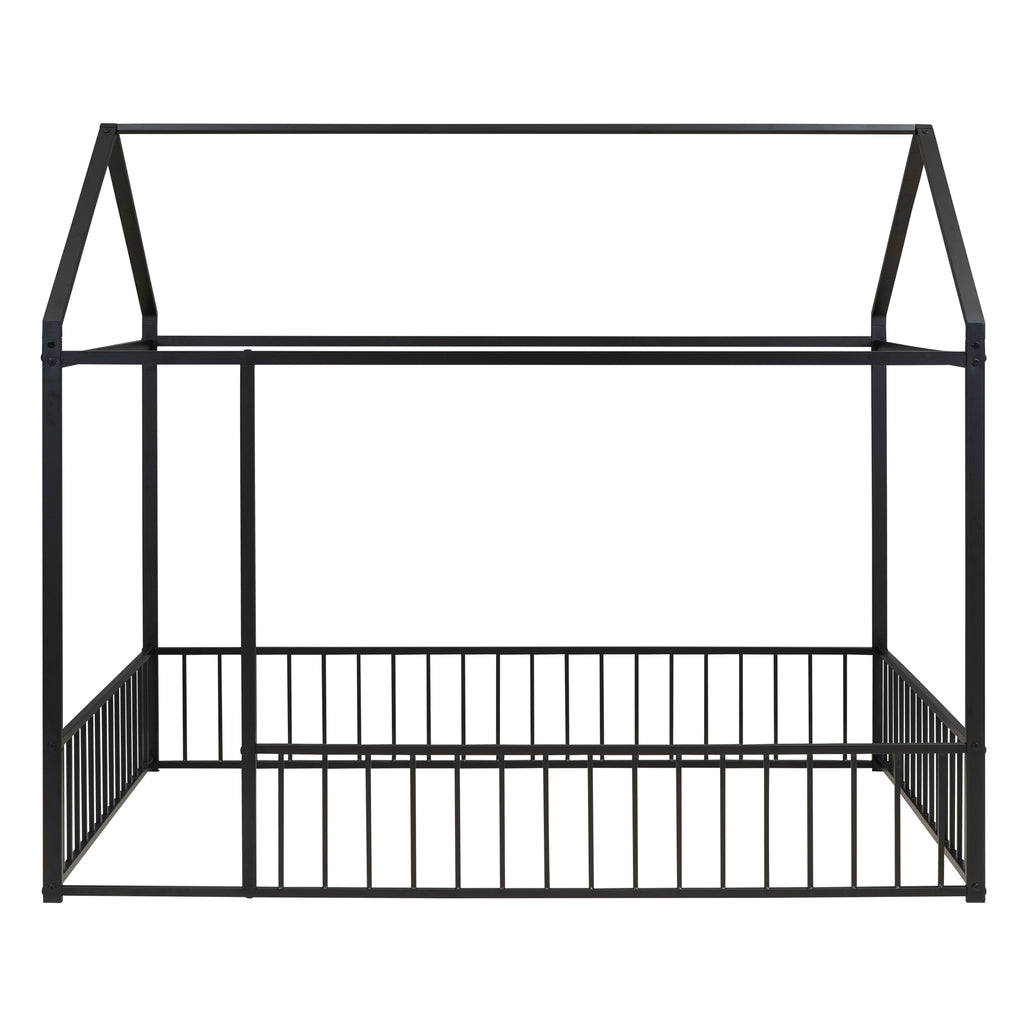 Leoglint Full Size Metal Bed House Bed Frame with Fence, for Kids, Teens, Girls, Boys,Black