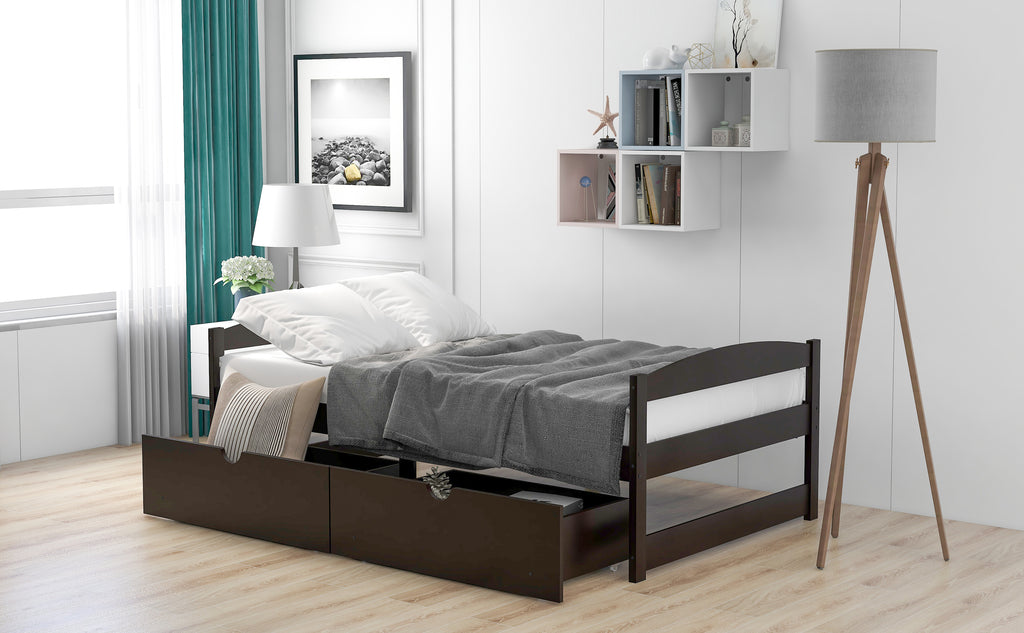 Leoglint Twin size platform bed frame, with two drawers, espresso