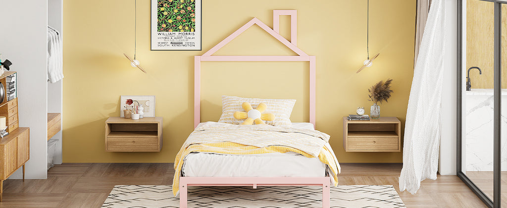 Leoglint Twin Size Metal Platform Bed Frame with House-Shaped Headboard Design, Pink