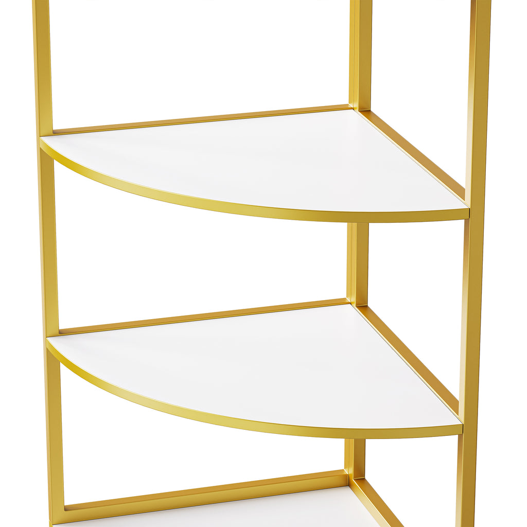 Leoglint 74.8" Tall Modern Corner Bookshelf,Fan-Shaped bookcase with 1 Drawer and 2 Doors ,Wooden Standing Corner Shelf with Gold Metal Frame for Living Room,Home Office,White