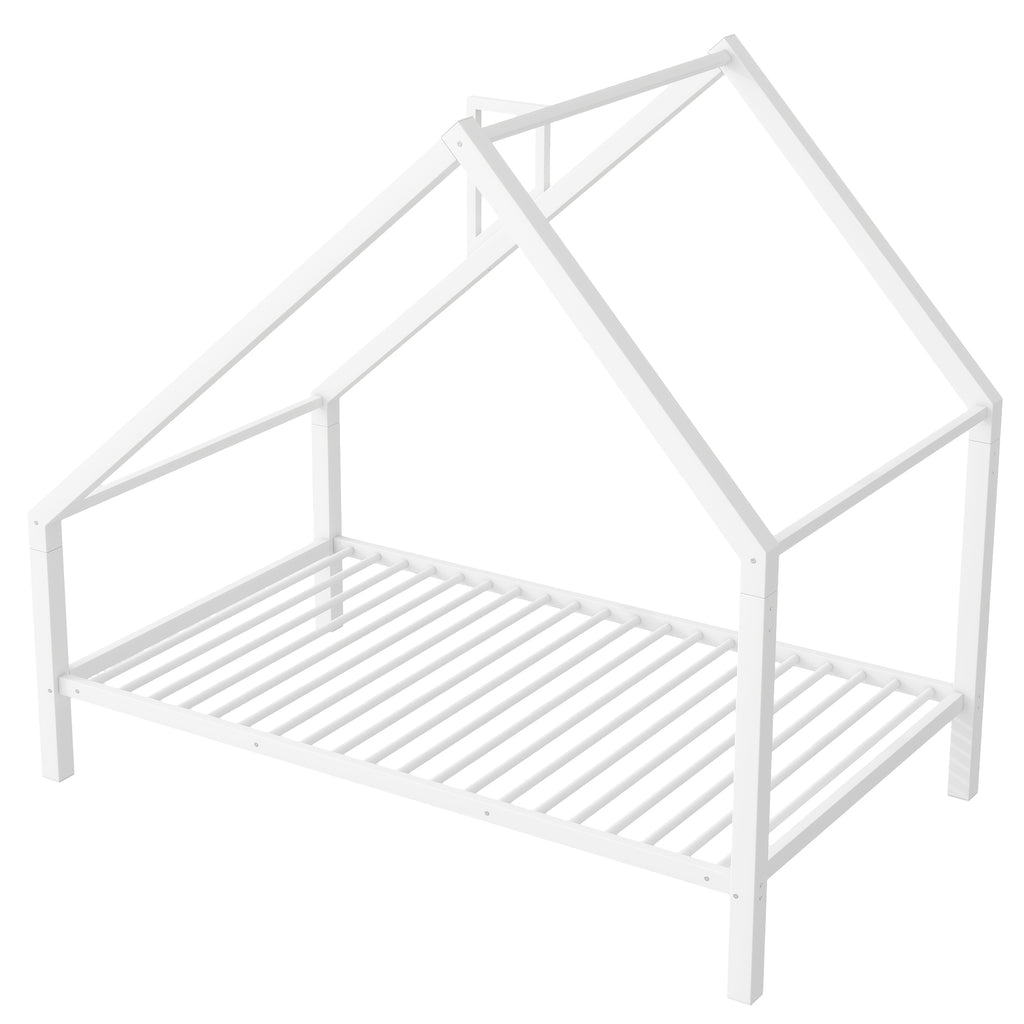 Leoglint Twin Size Metal House Platform Bed Frame with Roof and Chimney, White