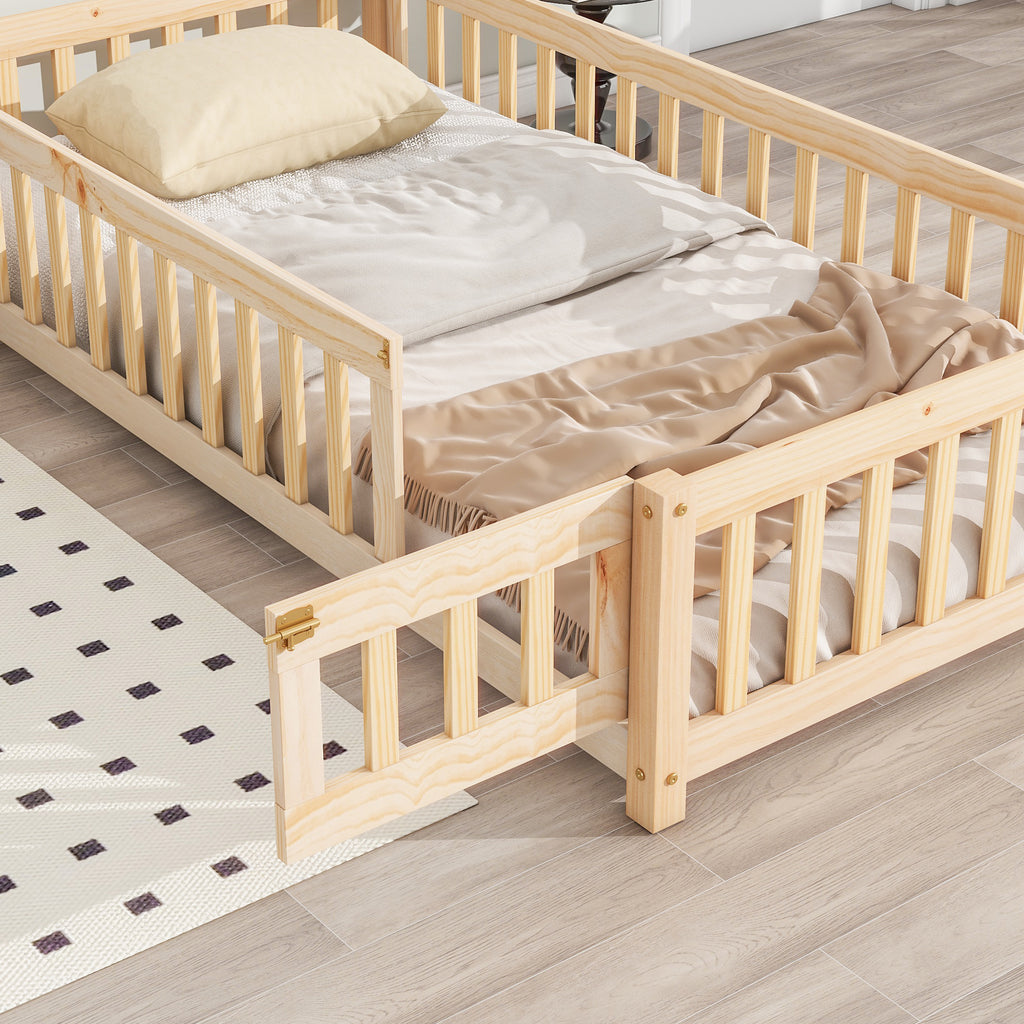 Twin House-Shaped Headboard Floor Bed Frame with Fence,Natural