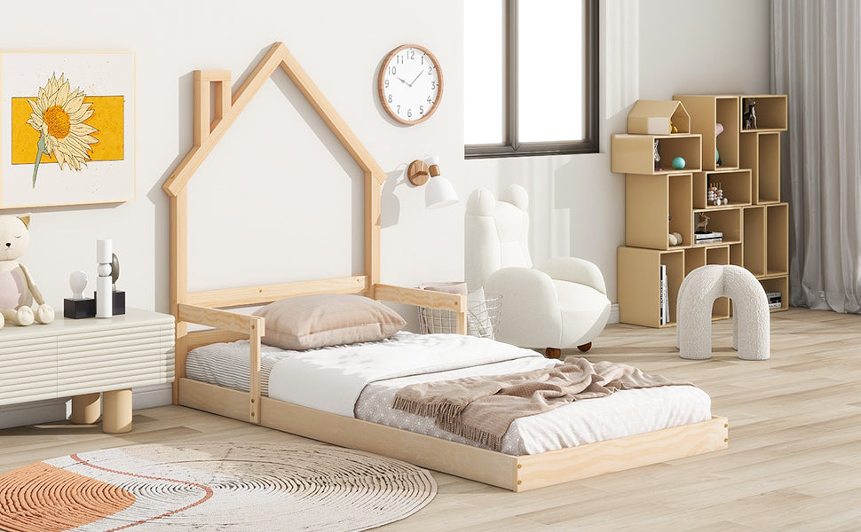 Leoglint Twin House-Shaped Headboard Floor Bed Frame with Handrails ,slats ,Natural