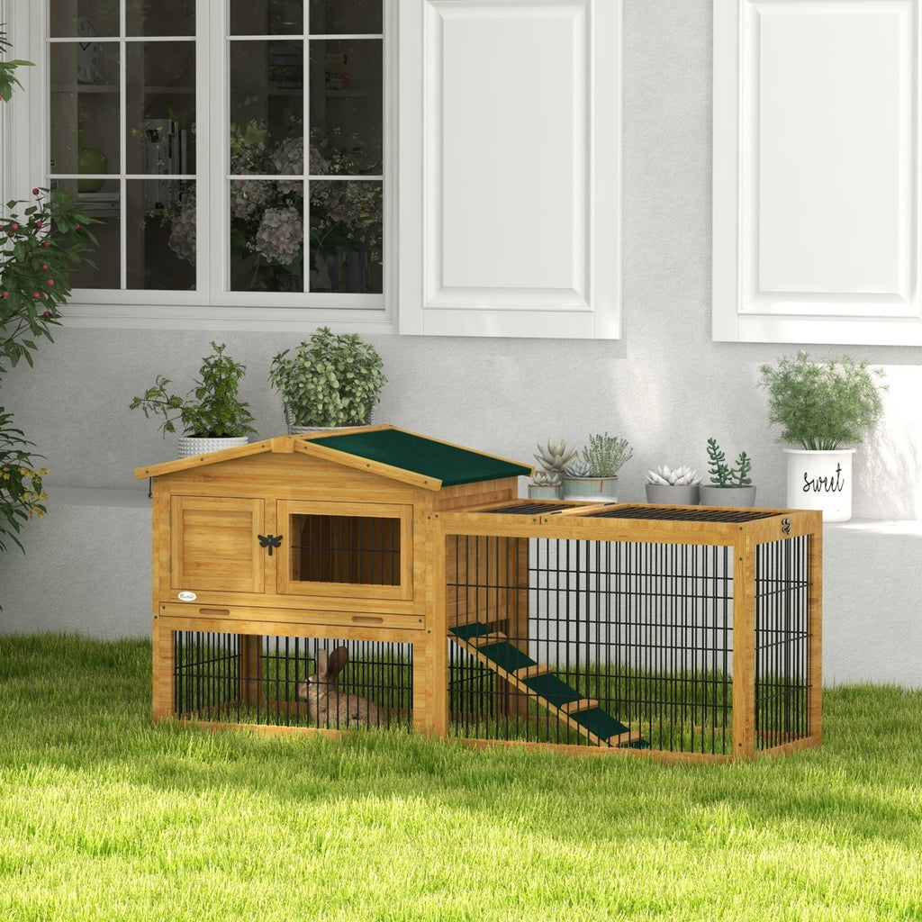 Leoglint 2 Levels Outdoor Rabbit Hutch with Openable Top, 59" Wooden Large Rabbit Cage with Run Weatherproof Roof, Removable Tray, Ramp, Yellow