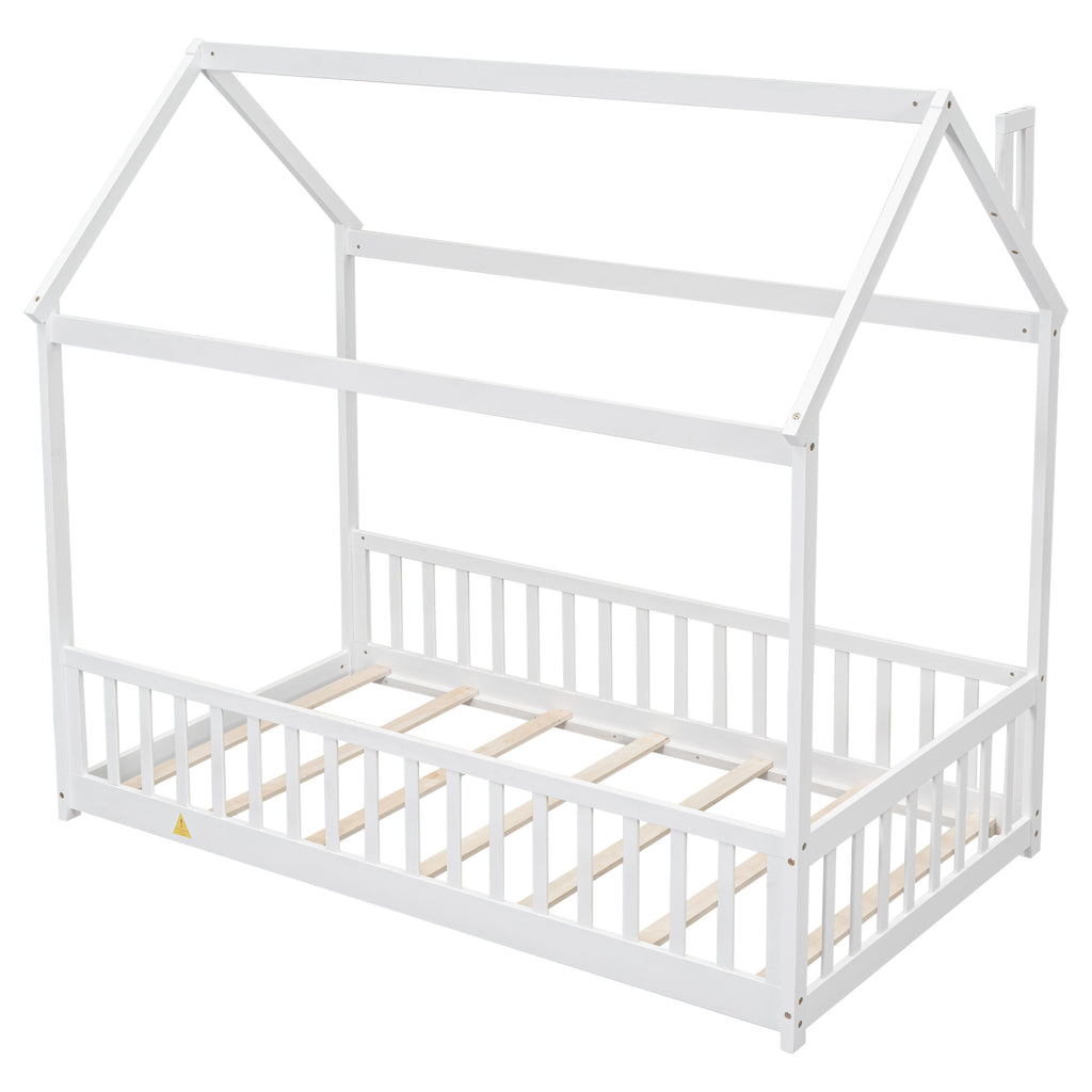 Twin House Bed Frame with Guardrails, Slats ,White