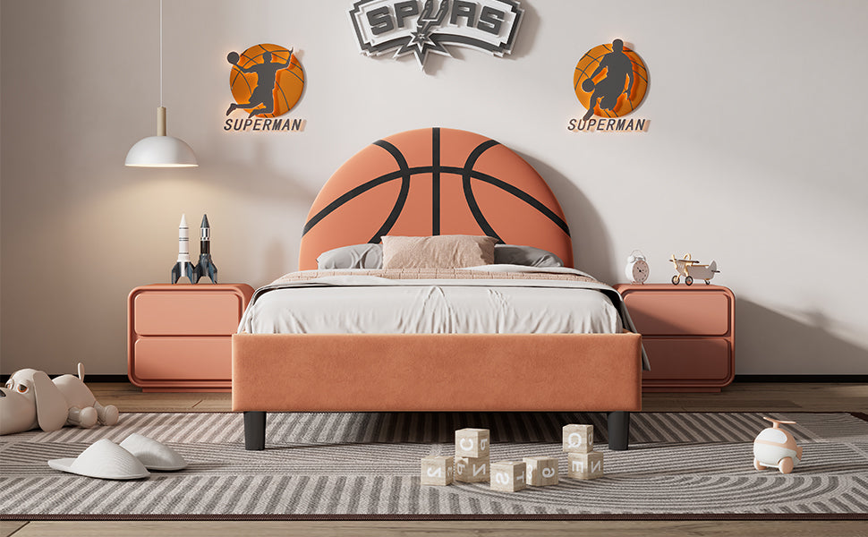 Leoglint Bed Frame Basketball Design Upholstered Twin Platform Bed Sport Style Bed for Boys & Girls, Teens, Orange