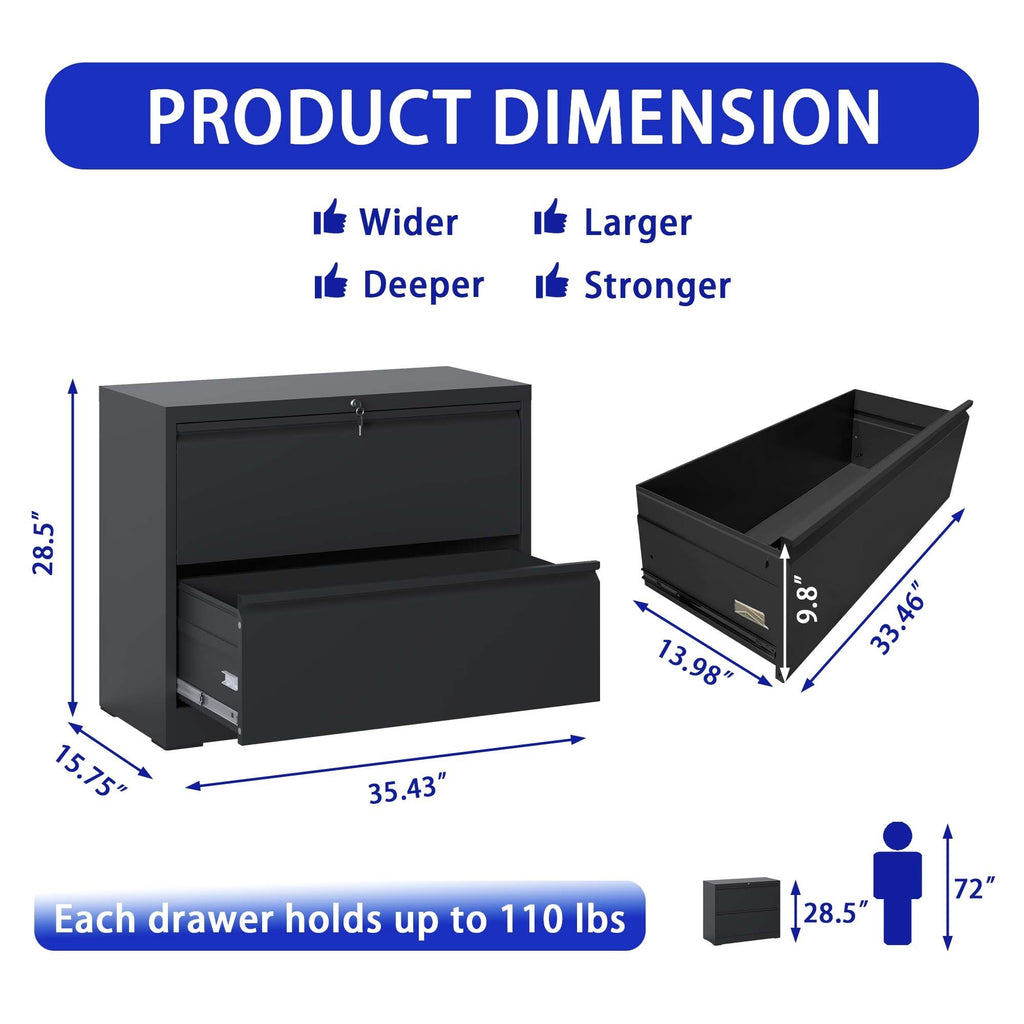 Leoglint Lateral File Cabinet 2 Drawer, Black Filing Cabinet with Lock, Lockable File Cabinet for Home Office, Locking Metal File Cabinet for Legal/Letter/A4/F4 Size