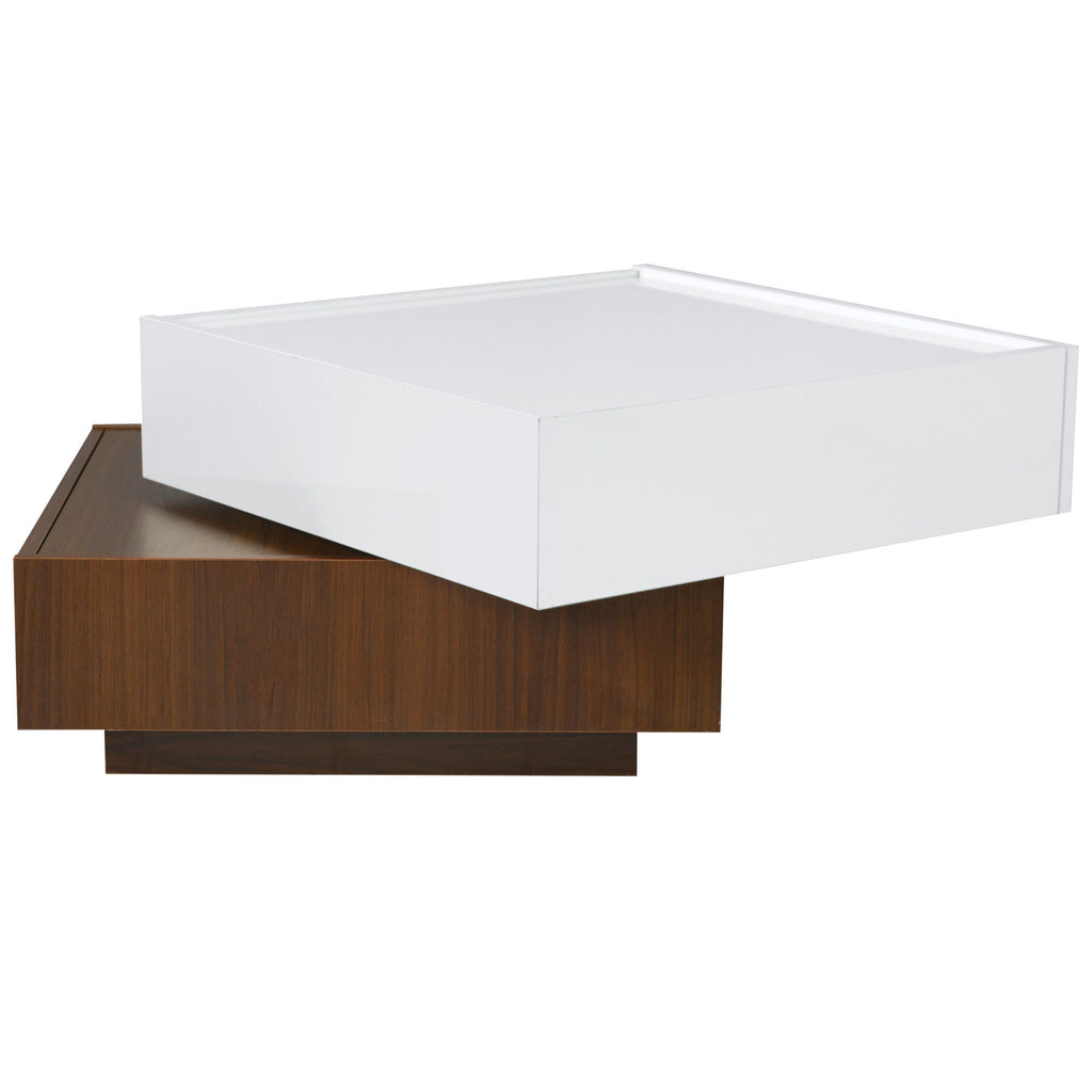 Leoglint [VIDEO provided] ON-TREND Square 360°Rotating Coffee Table with 2 Drawers, High Gloss 2-Tier Center Table with Swivel Tabletop and Storage, Walnut Table Frame Side Table for Living Room, White