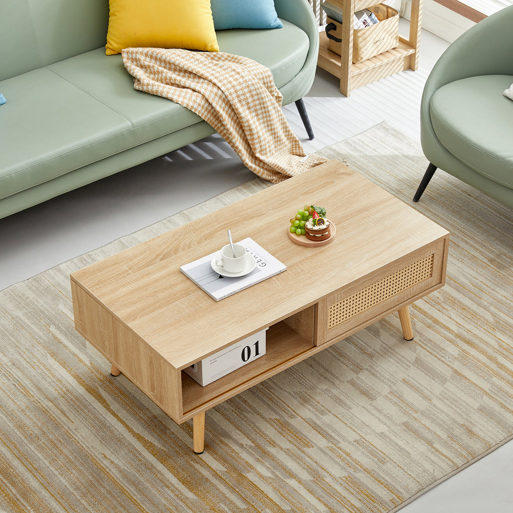 Leoglint 41.34" Rattan Coffee table, sliding door for storage, solid wood legs, Modern table  for living room , natural